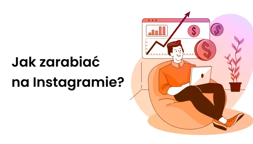Mężczyzna z laptopem na wygodnej pufie, analizujący wykresy wzrostu i monety z symbolem dolara. Ilustracja pokazuje, jak zarabiać na Instagramie.