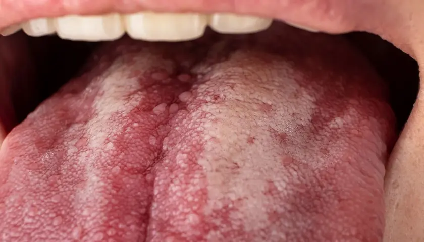 Lengua con manchas rojas y aspecto blanquecino, indicando posibles manchas rojas en la lengua y dolor de garganta.