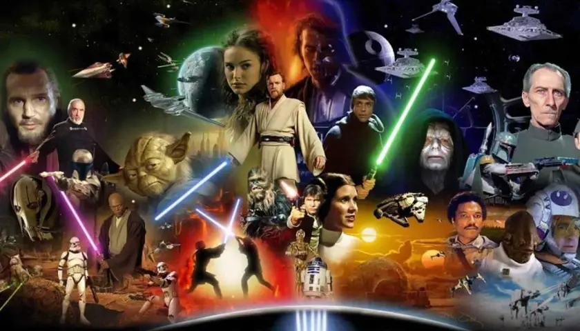 Un collage epico dei personaggi delle **film trilogie** di Star Wars, con spade laser accese e astronavi in un cielo stellato.