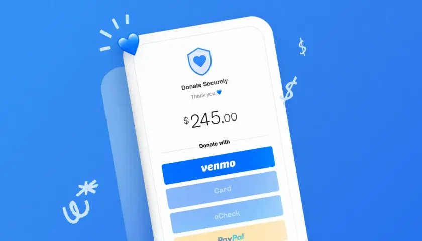 A phone screen shows a donation page with a $245.00 amount and a "Donate with Venmo" button, highlighting the ease of using a Venmo organization account for charitable giving.