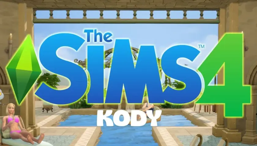 The Sims 4 logo z napisem KODY. W tle basen i wypoczywające Simki.