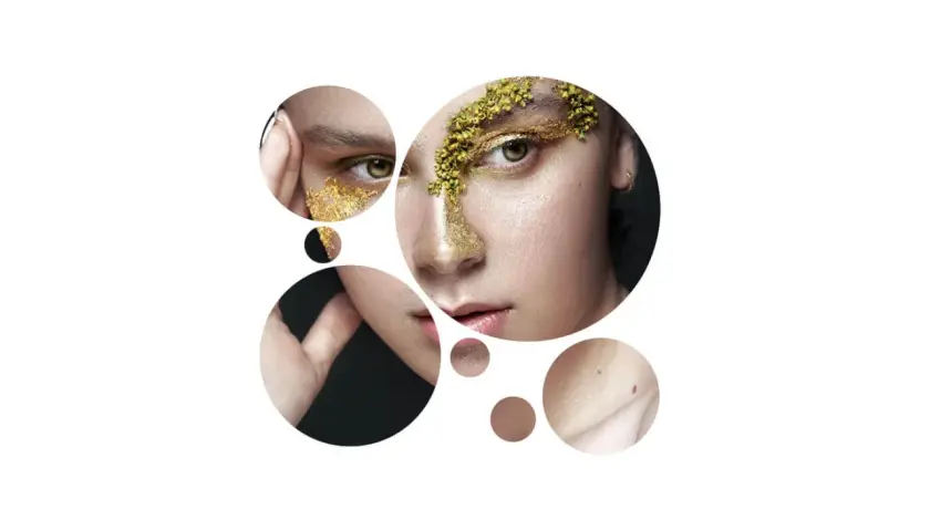 Dettagli di un volto con trucco dorato e elementi naturali, che evocano la cura della pelle e la **medicina estetica specializzazione**.