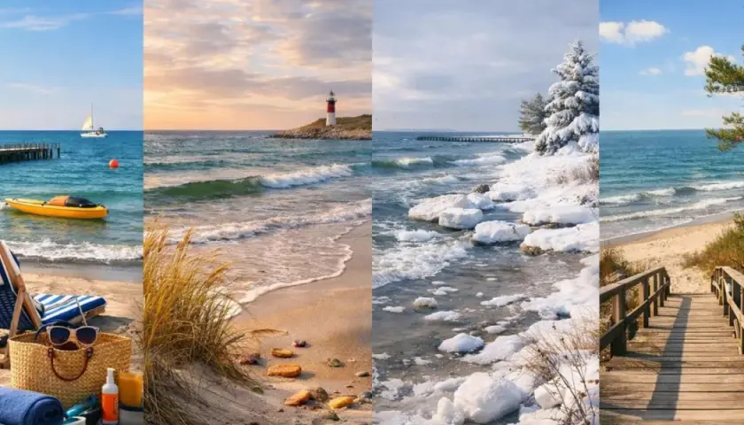 Cztery pory roku nad morzem: letni relaks, jesienne fale, zimowy krajobraz i wiosenna ścieżka do plaży.
