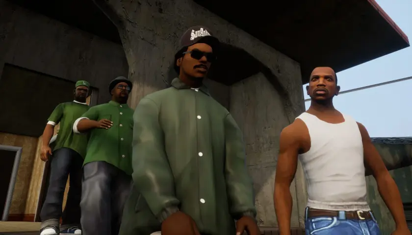 Czterech mężczyzn w zielonych ubraniach i czapce "San Andreas" stoi razem. To scena z gry GTA SA VR.