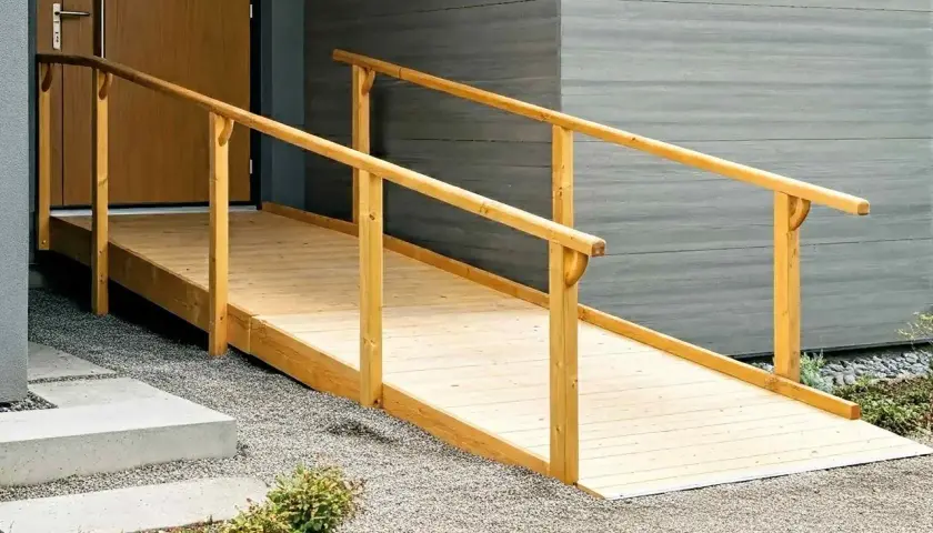 Eine stabile Holz-Rollstuhlrampe, die man selber bauen kann, mit Geländer führt zur Haustür.