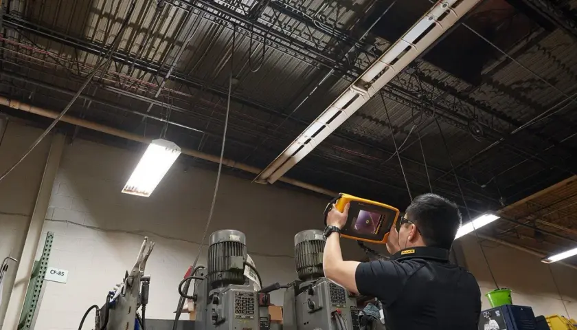 Técnico revisa el techo de una fábrica con un dispositivo para detectar una fuga de aire.