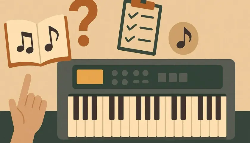 Ręka wskazuje na klawisze keyboardu, obok nuty, znaki zapytania i listę zadań. Opis klawiszy keyboardu jest kluczowy do nauki gry.
