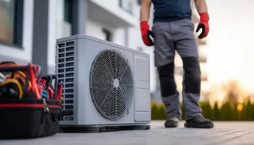 Instalator w rękawicach przygotowuje pompę ciepła do montażu. Idealne miejsce na pompę ciepła to klucz do efektywności.