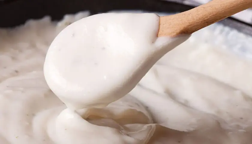 Cremosa bechamel vegana servida en una cuchara de madera, lista para dar un toque delicioso a tus platos.