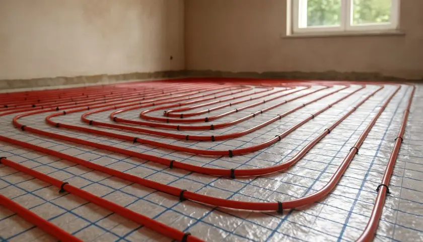 Tubazioni rosse disposte a spirale per il riscaldamento a pavimento, pronte per essere coperte.