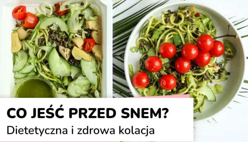 Dwie porcje lekkostrawnej kolacji z cukinii, soczewicy, pomidorków i ogórka. Przepisy na zdrowy posiłek przed snem.