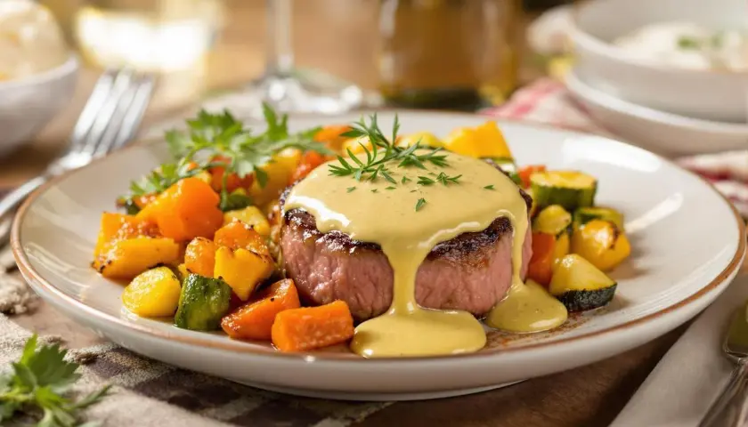 Filet mignon à la moutarde au four, servi avec des légumes rôtis colorés. Une sauce onctueuse nappe la viande.