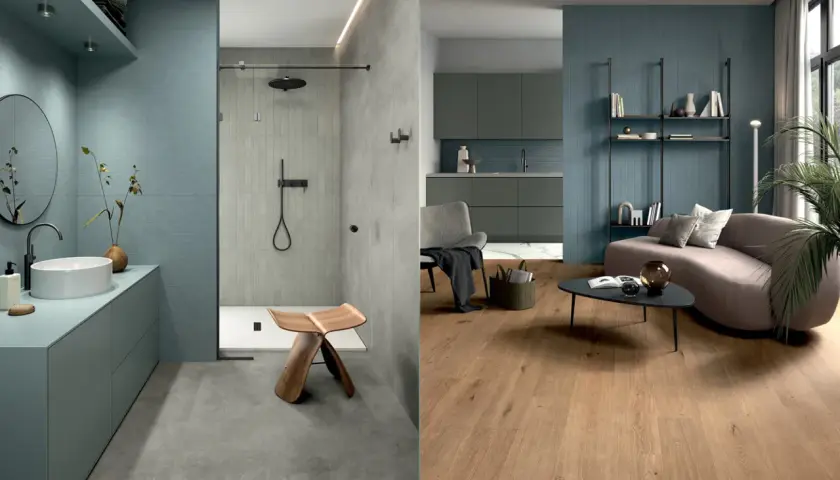 Bagno moderno con pavimento in resina e doccia con piastrelle verticali, affiancato da un soggiorno con pavimento in legno e pareti blu.