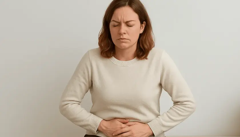 Femme se tenant le ventre, le visage crispé par la douleur. Elle se demande combien de temps dure une infection urinaire sans traitement.