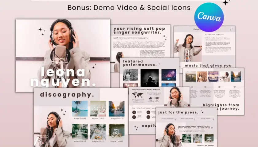Une page de présentation électronique pour Leona Nguyen, chanteuse pop. Elle inclut sa biographie, discographie, statistiques et informations de contact.