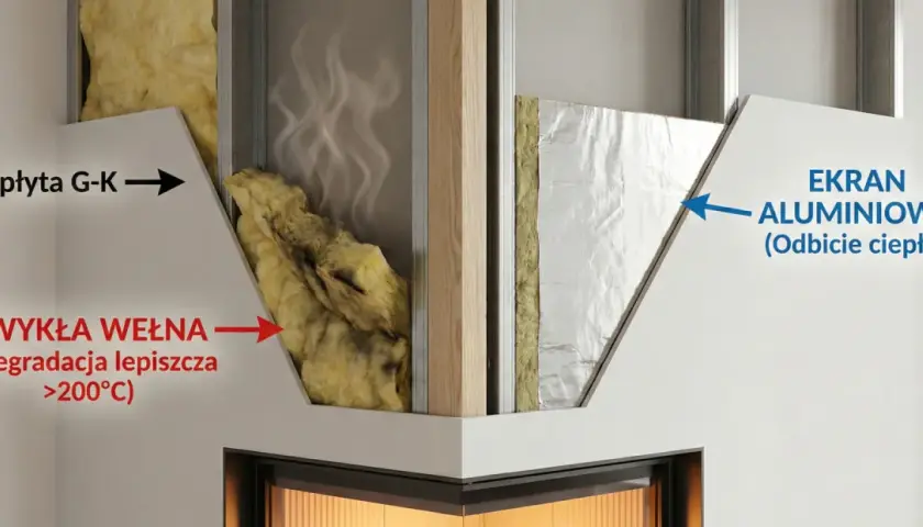 Przekrój obudowy kominka: płyta G-K, wełna mineralna (nie nadaje się do wysokich temperatur), ekran aluminiowy odbijający ciepło.