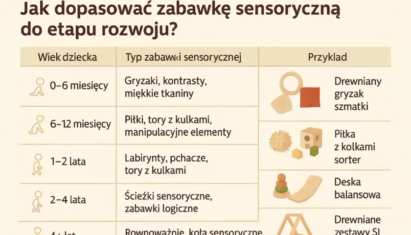 Tabela pokazuje, jak dopasować zabawki sensoryczne do wieku dziecka: od gryzaków dla niemowląt po zestawy SI dla starszych.