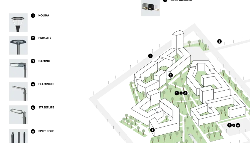 Projektant oświetlenia prezentuje wizualizację osiedla z różnymi typami lamp: od parkowych po uliczne.