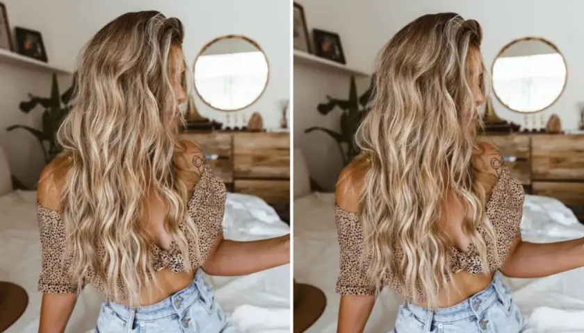 Blondynka z burzą falowanych włosów, niczym po dniu na plaży. Jej luźne, beach waves hair idealnie komponują się z letnią stylizacją.