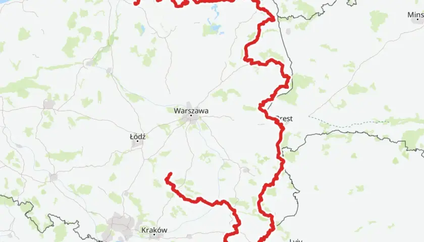 Mapa z zaznaczoną trasą rowerową, która biegnie przez północną i wschodnią Polskę, w tym przez Podkarpacie.