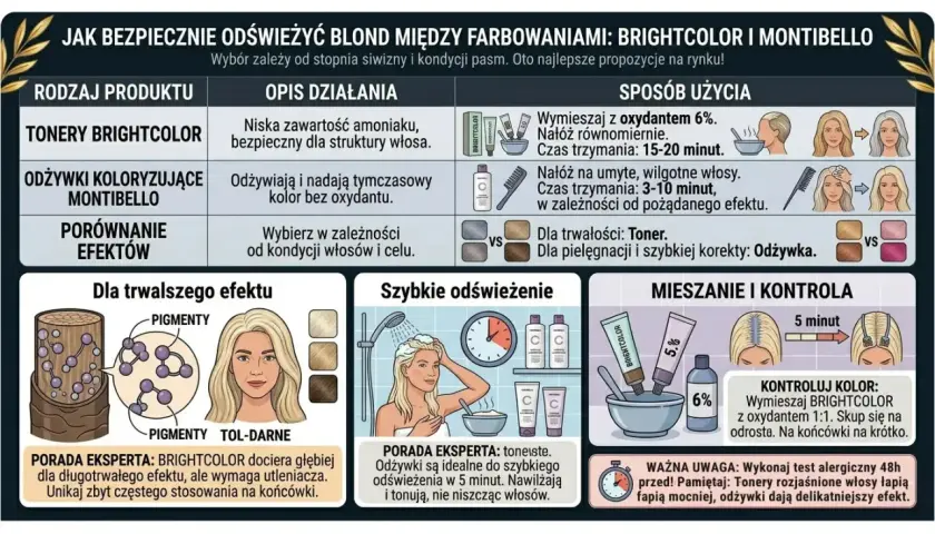 Grafika porównująca tonery do włosów Brightcolor i odżywki Montibello, z ilustracjami aplikacji i efektów.