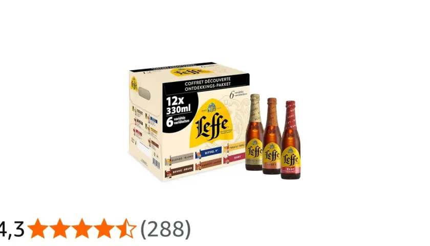 Coffret découverte Leffe avec 12 bières de 6 variétés différentes. Trois bouteilles Leffe Blonde, Ambrée et Ruby sont présentées.