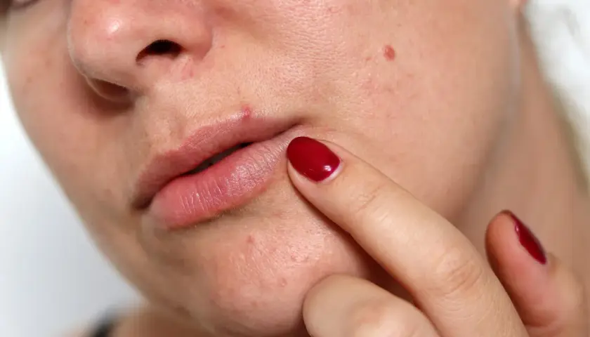 Nahaufnahme von Lippen und Nase mit einigen Mitessern an der Lippe. Eine Hand mit rotem Nagellack berührt sanft die Haut.