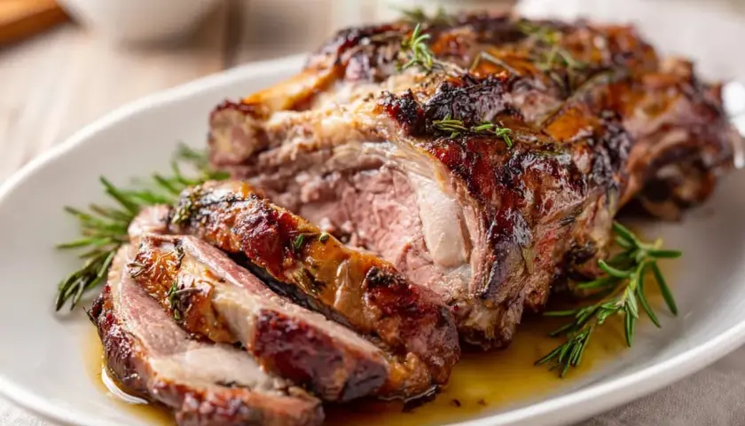 A sliced, roasted lamb leg with rosemary on a white platter, glistening with juices.