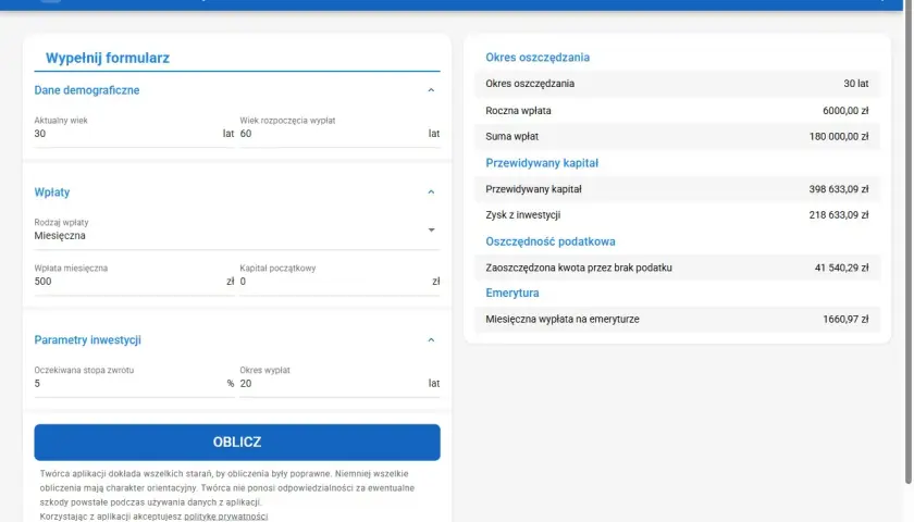 Kalkulator IKE pokazuje, że przy wpłacie 500 zł miesięcznie i stopie zwrotu 5%, emerytura wyniesie 1660,97 zł. Limit ike 2026.