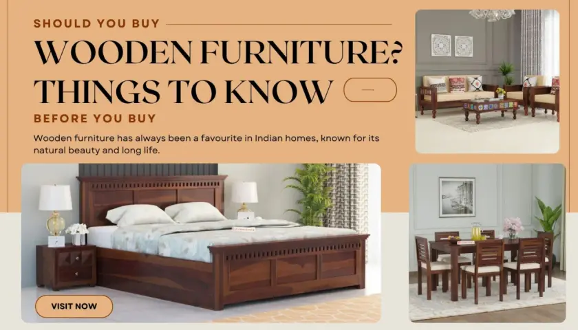 Beautiful solid wood material furniture, including a bed, sofa set, and dining set, showcased in a home setting.