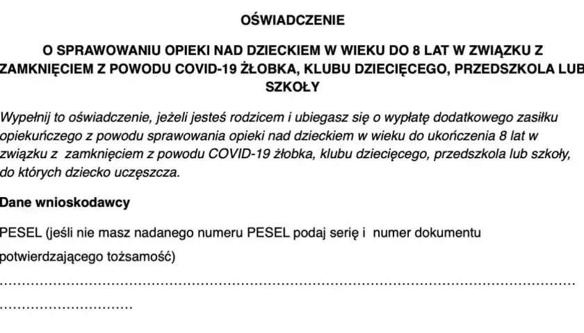 Oświadczenie o sprawowaniu opieki nad dzieckiem do 8 lat z powodu zamknięcia placówki. Wypełnij, jeśli ubiegasz się o zasiłek opiekuńczy.