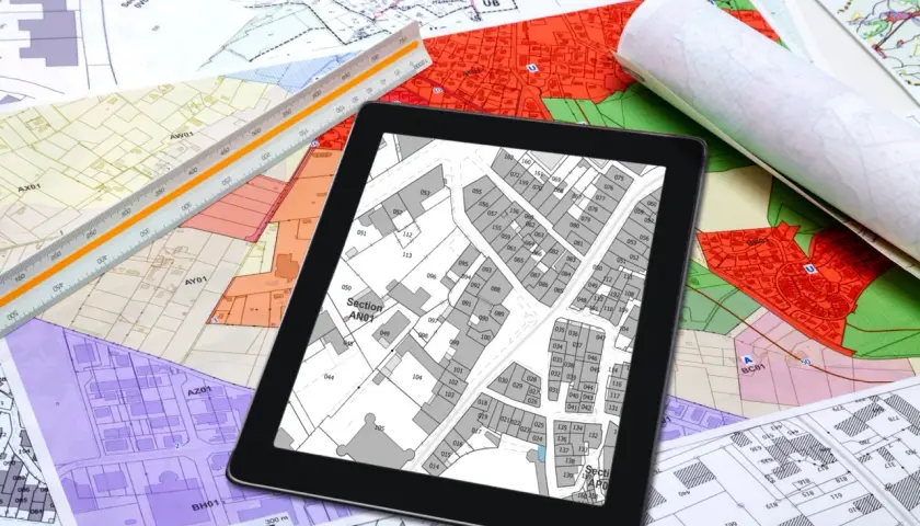 Plan zagospodarowania przestrzennego (mpzp) to klucz do rozwoju. Na zdjęciu mapy, tablet z planem i linijka geodezyjna.