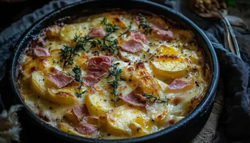 Un plat de tartiflette gratiné, avec des pommes de terre, du lard et du fromage fondant, garni de thym frais. Une recette réconfortante.