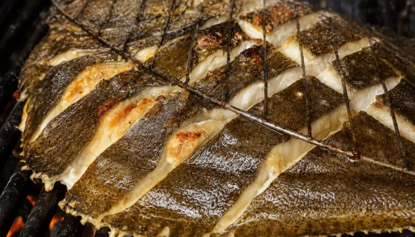 Rodaballo a la plancha, con cortes profundos en su piel oscura, se cocina sobre brasas ardientes, revelando su carne blanca y jugosa.