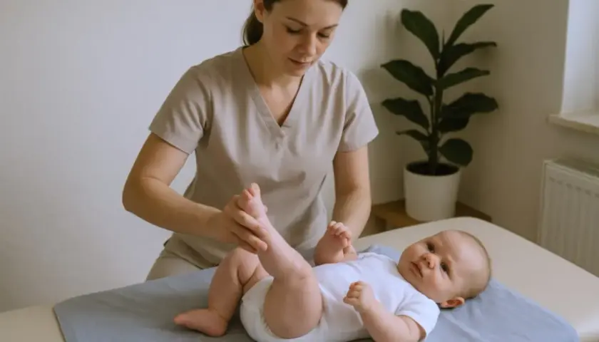 Fizjoterapeuta dla niemowląt delikatnie masuje nóżki maluszka, wspierając jego rozwój.