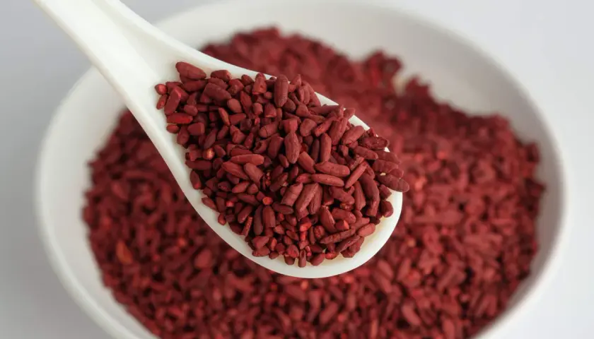Un cucchiaio bianco pieno di riso rosso fermentato, un alimento noto per i suoi benefici. Per quanto tempo assumerlo? Chiedi al tuo medico.