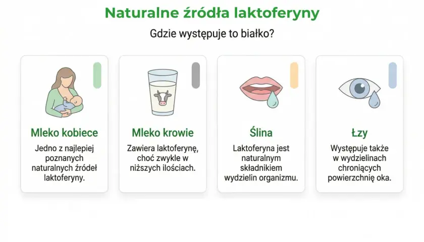 Naturalne źródła laktoferyny: mleko kobiece, krowie, ślina i łzy. Laktoferyna to białko występujące w wydzielinach organizmu.