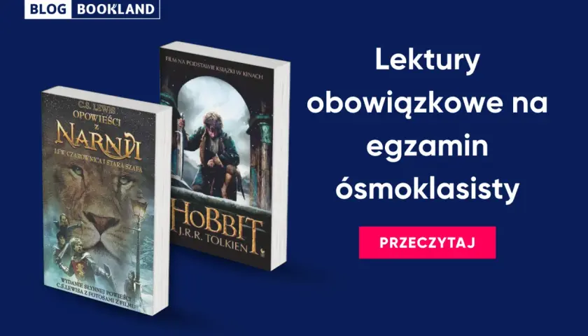 Dwie okładki książek: "Opowieści z Narnii" i "Hobbit", na tle tekstu o lekturach.