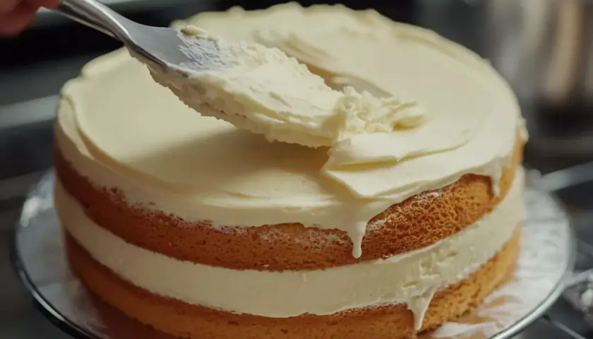 Nakładanie puszystego tynku do tortu z mascarpone na biszkoptowe warstwy. Krem spływa apetycznie po bokach.