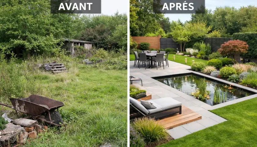 Avant/Après : un jardin sauvage transformé en havre de paix moderne. Une belle idée déco jardin avec bassin et terrasse.