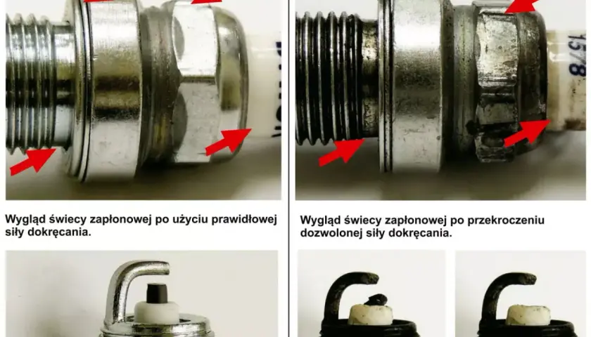 Prawidłowe dokręcenie świecy zapłonowej bez klucza dynamometrycznego: porównanie prawidłowego i przekręconego montażu.