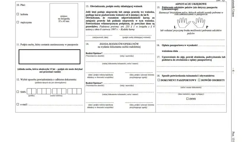 Fragment formularza paszportowego z polami do wypełnienia, w tym sekcja dotycząca płci, podpisu i zgody rodziców.