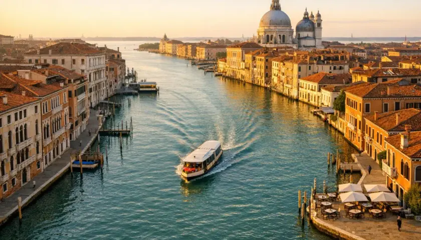 Zachód słońca nad Canal Grande. Warto zobaczyć Wenecję o tej porze, gdy łodzie suną po wodzie, a światło złoci kamienice.