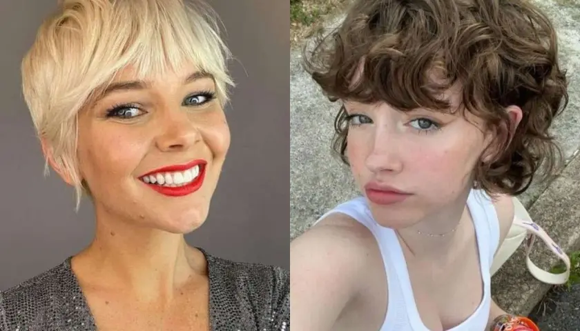 Dos mujeres con pelo corto. Una rubia con flequillo desfilado y labios rojos. La otra con pelo castaño rizado y flequillo desfilado.