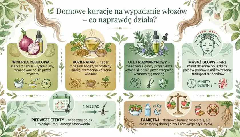 Babcine sposoby na wypadanie włosów: wcierka cebulowa, napar z kozieradki, olej rozmarynowy i masaż głowy. Pamiętaj o diecie!