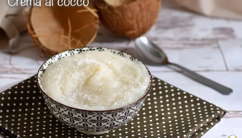 Una ciotola di deliziosa crema al cocco, guarnita con cocco grattugiato, accanto a gusci di cocco e un cucchiaio.