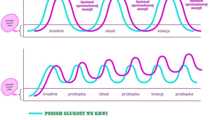 Wykresy pokazują krzywą insulinową normy. Górny wykres ilustruje reakcję na posiłki (śniadanie, obiad, kolacja), dolny zaś na częstsze posiłki i przekąski.