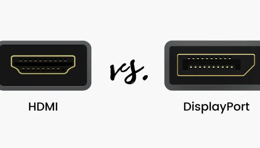 Nahaufnahme von HDMI- und DisplayPort-Anschlüssen, die den Unterschied zwischen den beiden Schnittstellen zeigen.