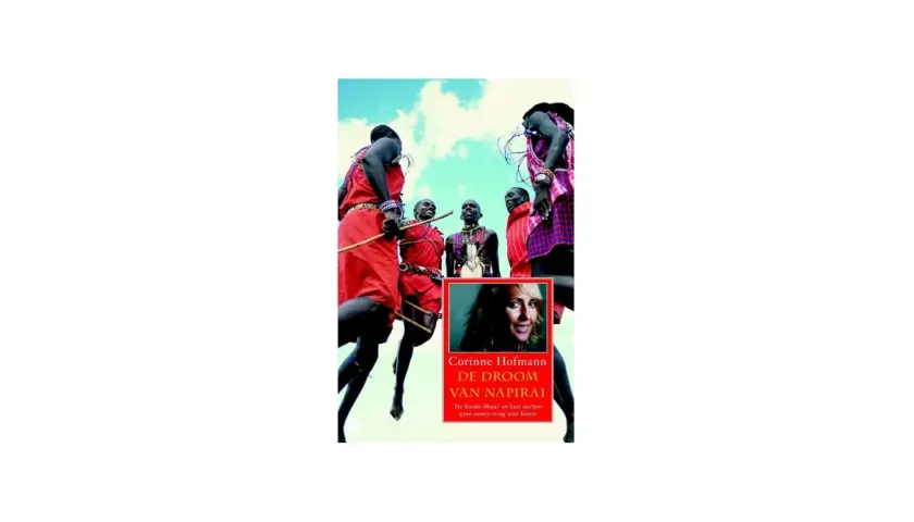 Masai-Krieger springen, im Vordergrund ein Porträt von Corinne Hofmann.