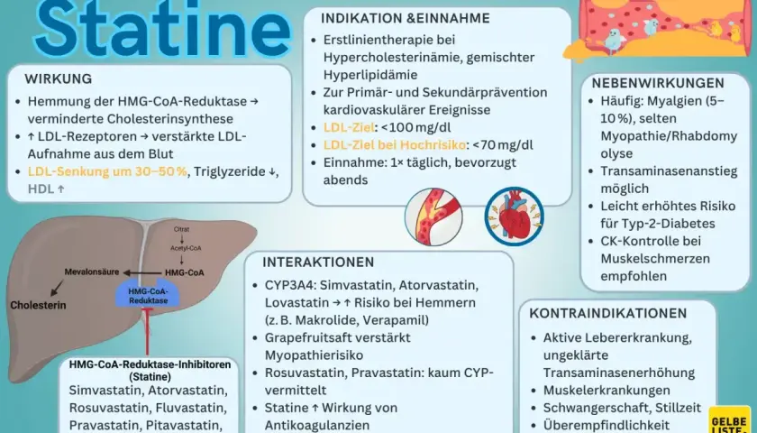 Statine senken Cholesterin durch Hemmung der HMG-CoA-Reduktase. Pravastatin ist ein Beispiel für diese Medikamentenklasse.